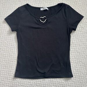 Black Cut Out Short Sleeve Ribbed Tee with Metal Heart